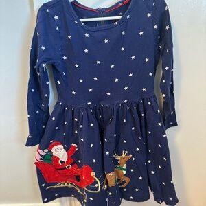 Mini Boden Navy Blue Starry Kids Dress with Santa and Reindeer
